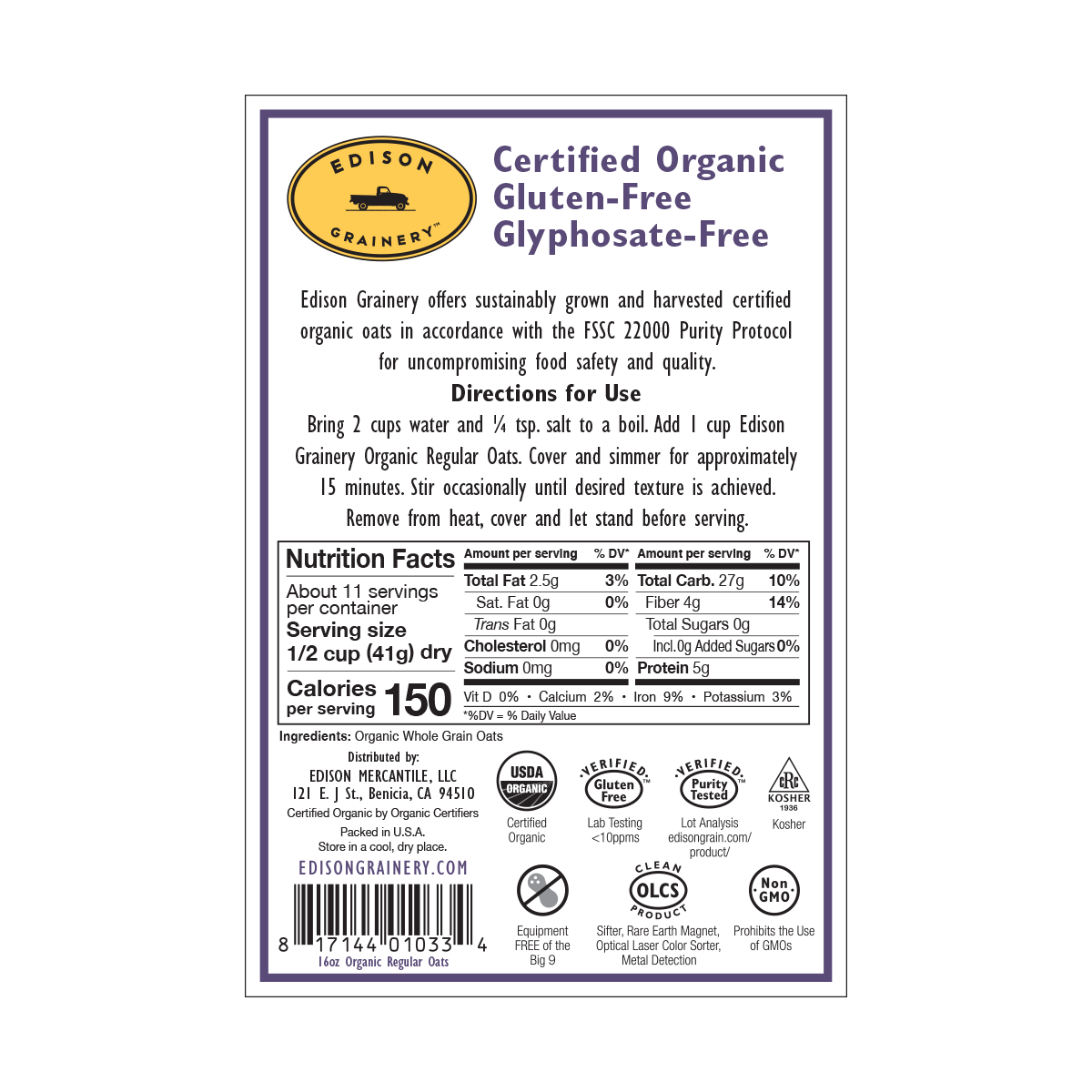 Edison Grainery Organic Regular Rolled Oats 16 oz