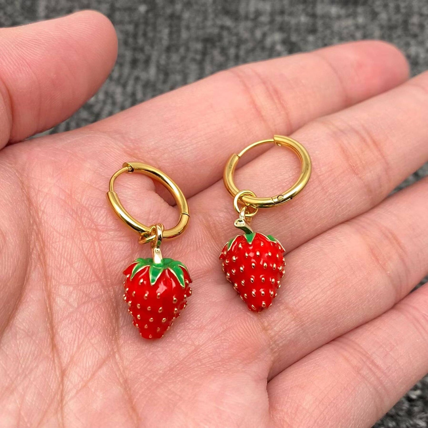 Strawberry Charm 18K Gold Plated SS Huggie Earrings - FGS