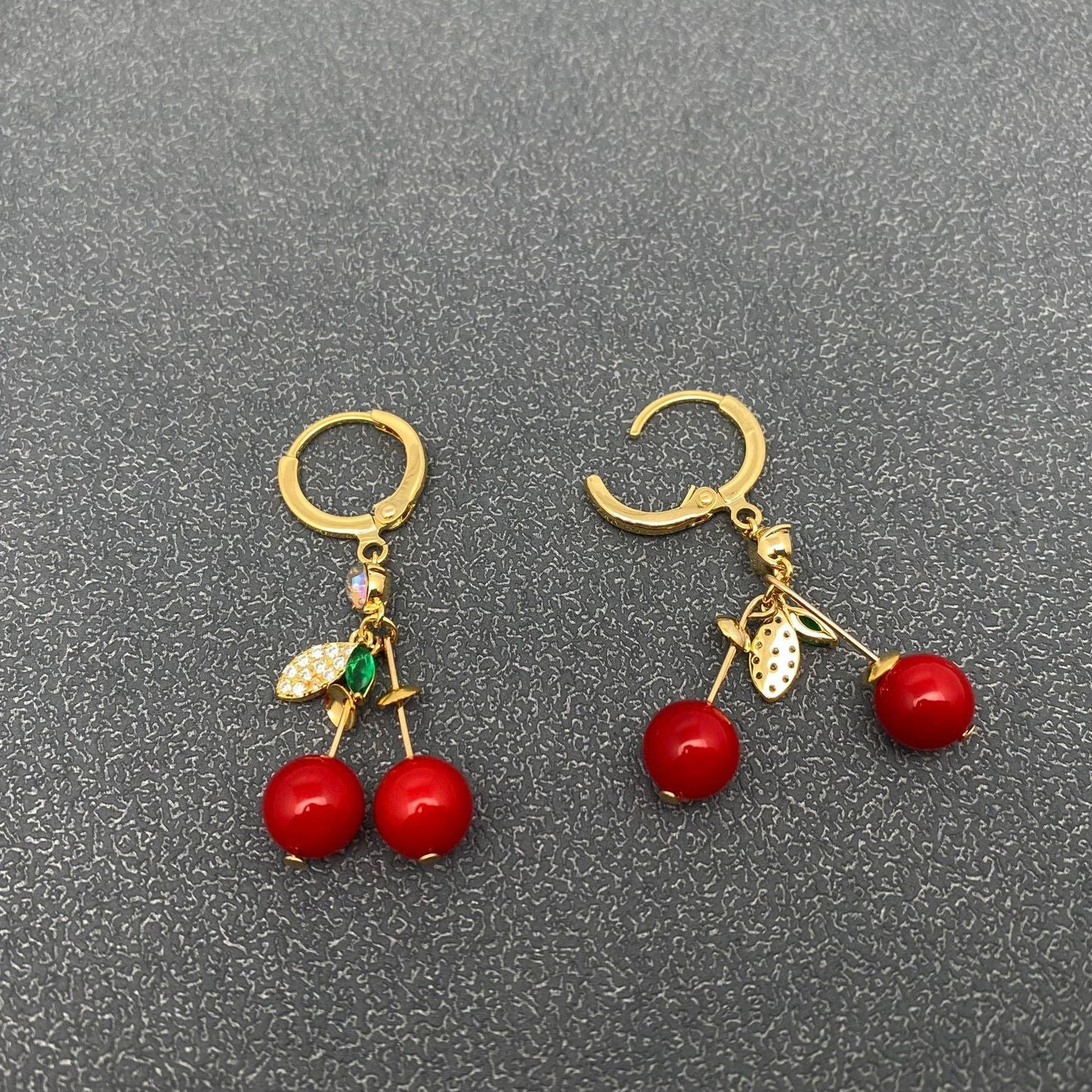 Red Cherry Charm 18K Gold Plated Huggie Earrings