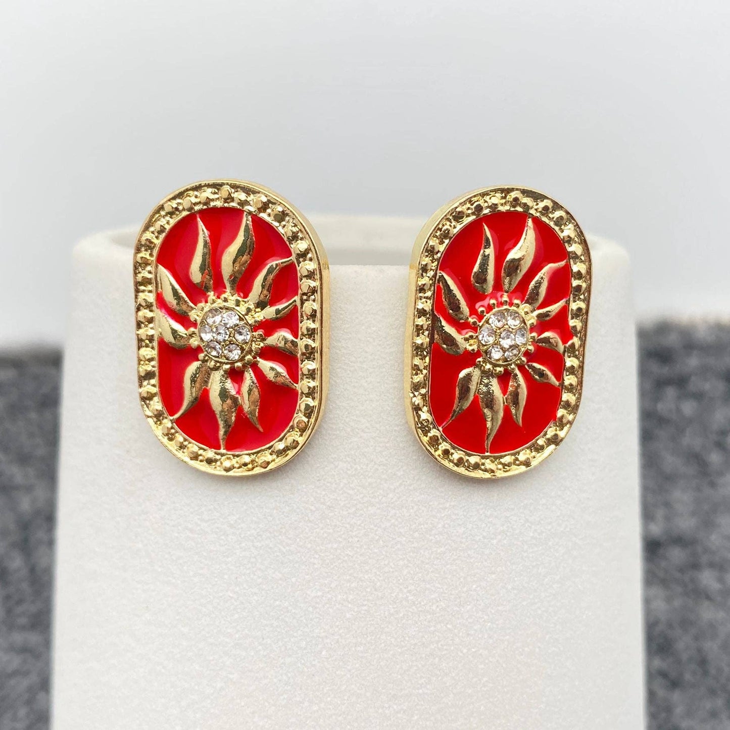 Vintage Red Enamel Sun Stud Earrings - MS
