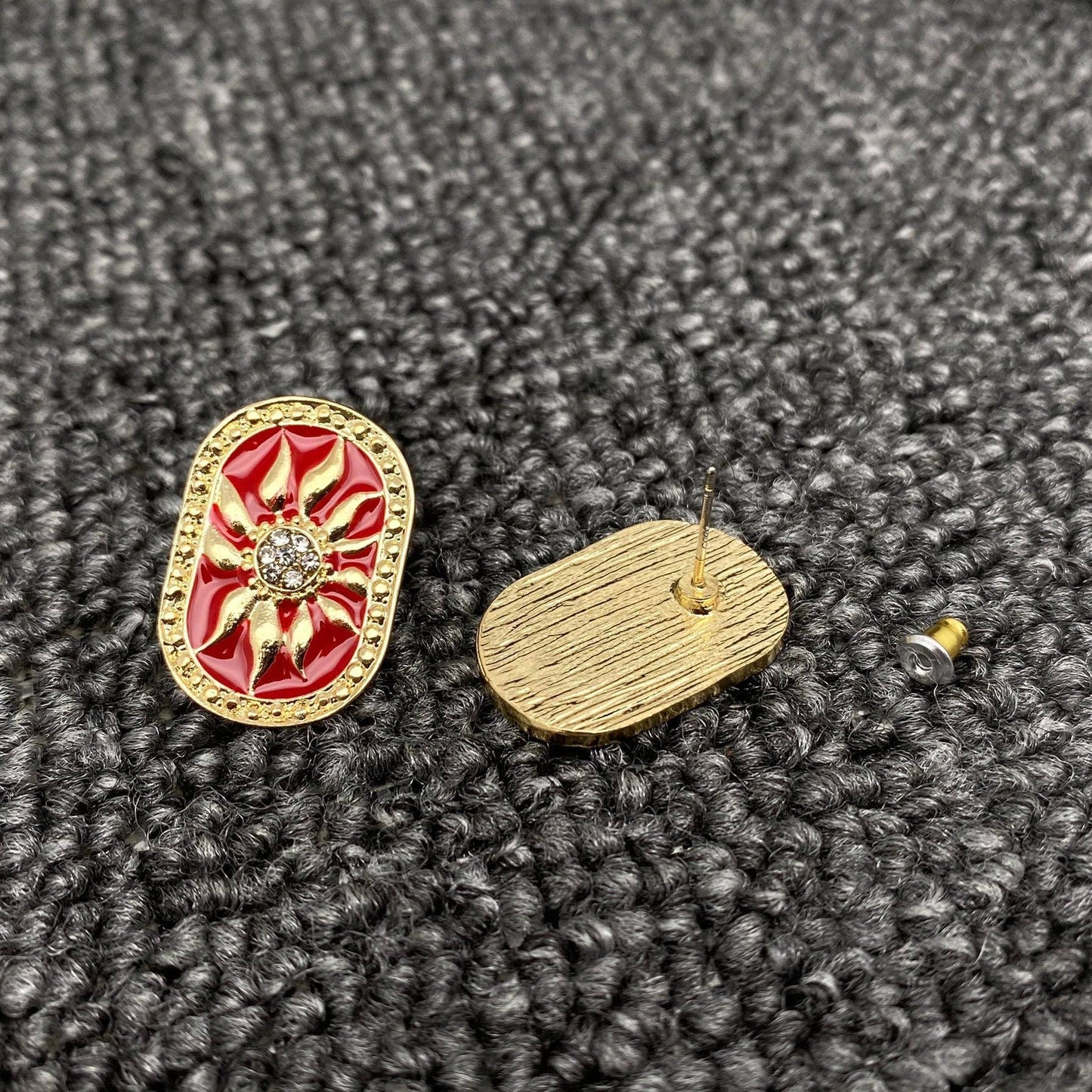 Vintage Red Enamel Sun Stud Earrings - MS