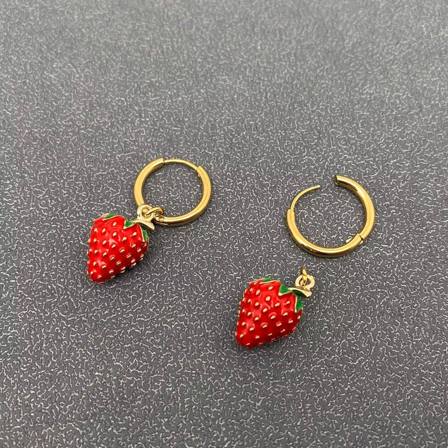 Strawberry Charm 18K Gold Plated SS Huggie Earrings - FGS