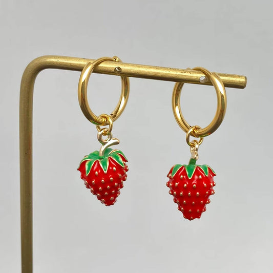 Strawberry Charm 18K Gold Plated SS Huggie Earrings - FGS
