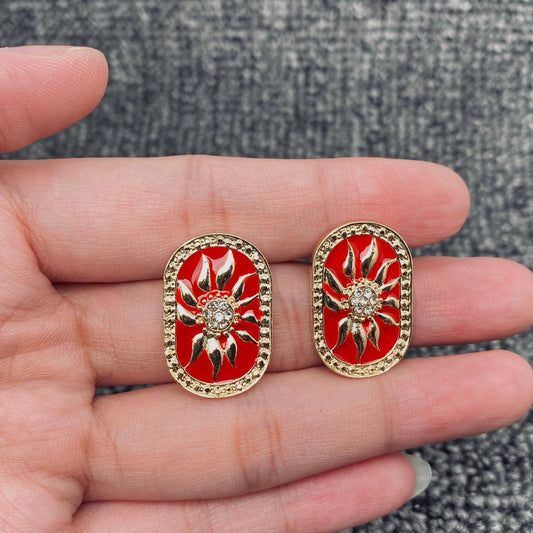 Vintage Red Enamel Sun Stud Earrings - MS