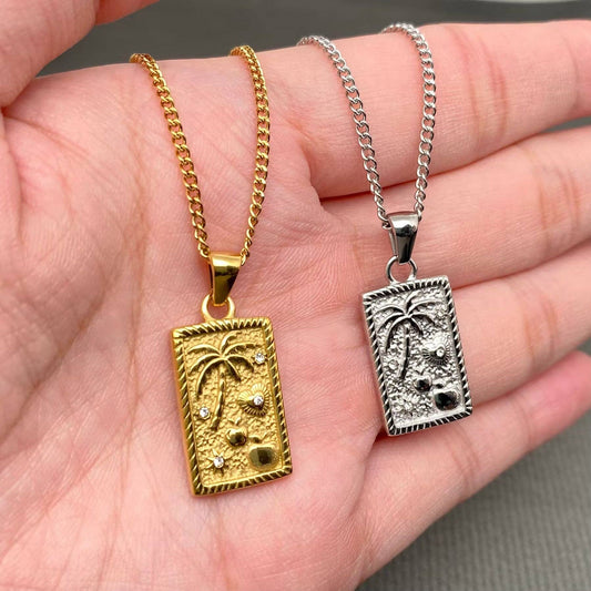 Summer Coconut Tree Charm 18K Golden SS Necklace - FGS